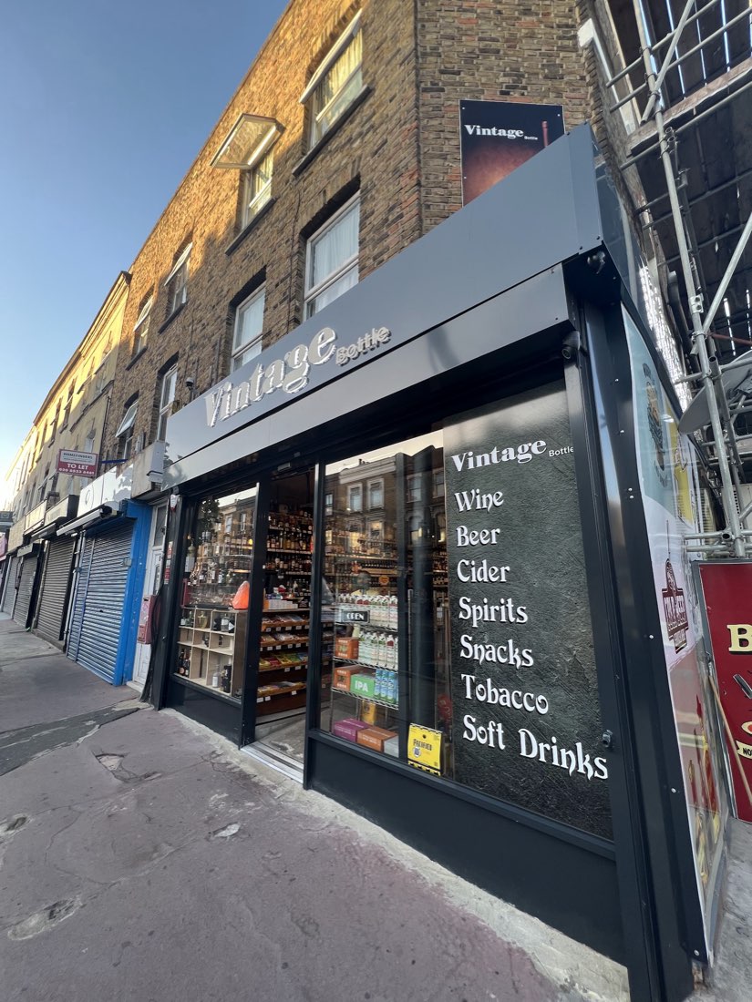 The Vintage Bottle shopfront by day on Chatsworth Road, Lower Clapton